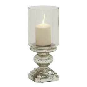 DecMode Silver Glass Handmade Turned Style Pillar Hurricane Lamp with Faux Mercury Glass Finish