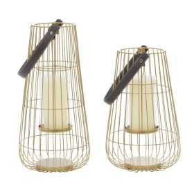 DecMode 2 Holder Gold Metal Decorative Candle Lantern with Leather Straps, Set of 2