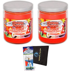 2 Pack of Pet Odor Exterminator Candles with Bonus Imperial Falcon Drawstring Bag containing a Surprise Scent Car Air Freshener (Flower Power)