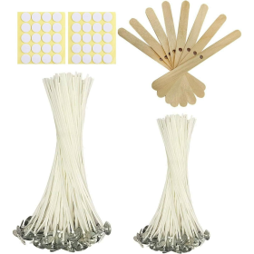 Harnico 100 Pcs Cotton Candle Wicks for Candle Making 6/4 inch Wicks Smokeless Candle Wick with Metal Base Clip with Wicks Stickers for Scented Candle