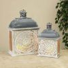 Gerson Set of 2 Metal and Wood Nesting Lanterns with Floral Cut-out